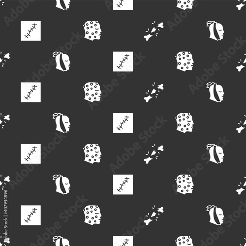 Set Human broken bone, Toothache, Scar with suture and Psoriasis or eczema rash on seamless pattern. Vector.