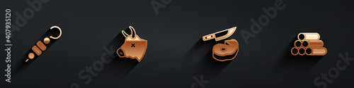 Set Grilled shish kebab, Cow head, Steak meat and knife and Wooden logs icon with long shadow. Vector.