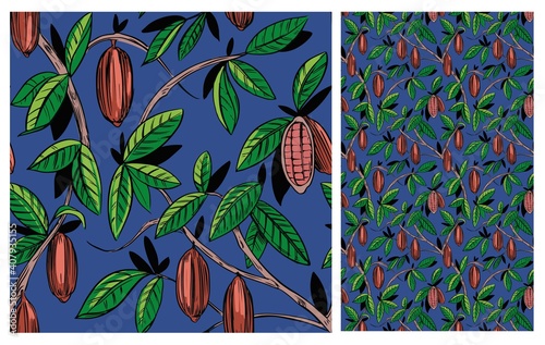 Cocoa plant seamless pattern. Cacao bean. Vector illustration