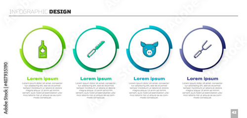 Set Tabasco sauce, Bread knife, Pig and Barbecue fork. Business infographic template. Vector.