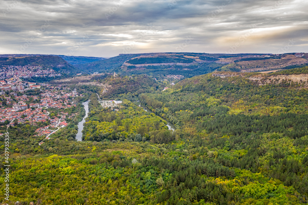 Scenic aerial view from drone of the big curve of the river near city, Yantra and Veliko Tarnovo, Bulgaria