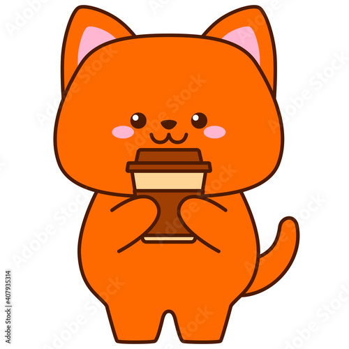 Cute red cat holding coffee isolated on a white background. Flat design for poster or t-shirt. Vector illustration