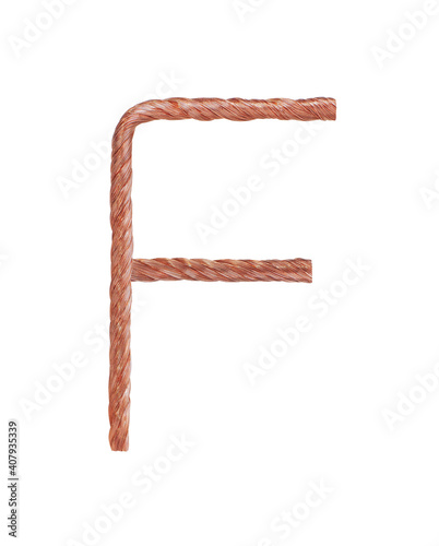 Letter F made of copper wire  isolated on white background