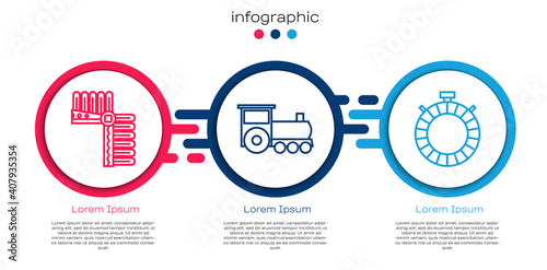 Set line Indian headdress with feathers, Retro train and Canteen water bottle. Business infographic template. Vector.