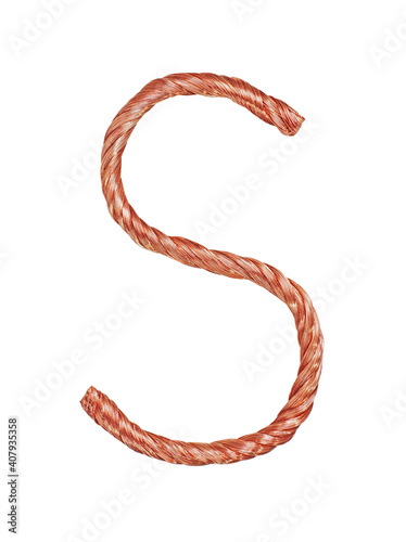 Letter S made of copper wire  isolated on white background
