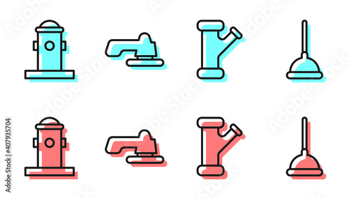 Set line Industry metallic pipe, Fire hydrant, Water tap and Rubber plunger icon. Vector.