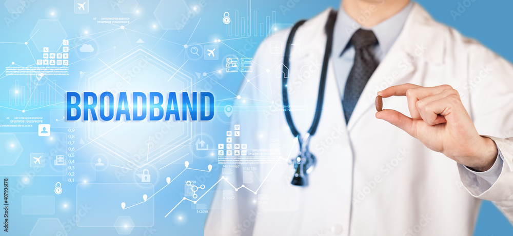 Doctor giving a pill with BROADBAND inscription, new technology solution concept Doctor giving a pill with BROADBAND inscription, new technology solution concept