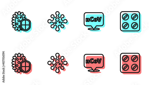 Set line Corona virus 2019-nCoV on location, Shield protecting from, Virus and Pills blister pack icon. Vector.