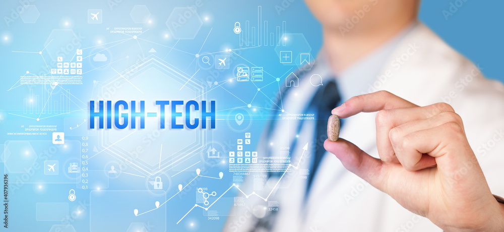 Doctor giving a pill with HIGH-TECH inscription, new technology solution concept
