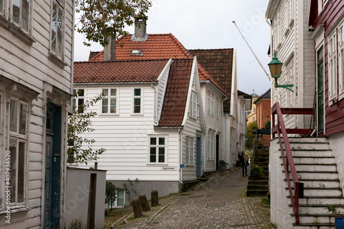 Ytre Markeveien, an old street of wooden houses in the Nordnes district, Bergen, Hordaland, Norway