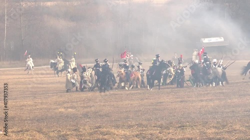 Reconstruction of the battle of 1812, the French army retreats and crosses the bridge over the Berezina River 1. photo