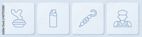 Set line Homemade pie, Grilled shish kebab, Lighter and Cook. White square button. Vector.