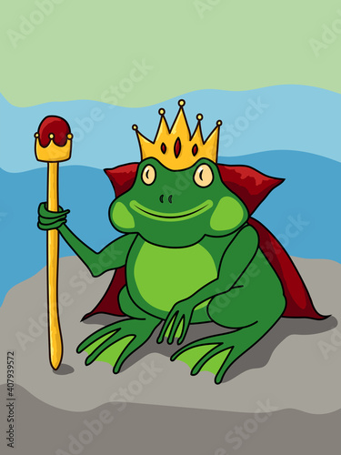 verzauberter grüner Froschkönig aus dem Märchen der Gebrüder Grimm die Brüder waren mit rotem Umhang, Krone mit Edelsteinen und goldenem Zepter auf einem Stein und einem abstrakten Hintergrund Wasser