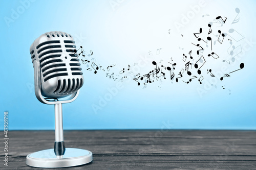 Retro microphone with colorful blured background