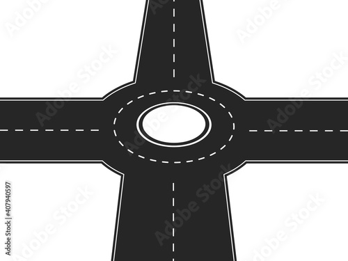Four way crossroad with round platform in center . Black highway with intersection and road markings traffic speedway with finding right vector life direction.