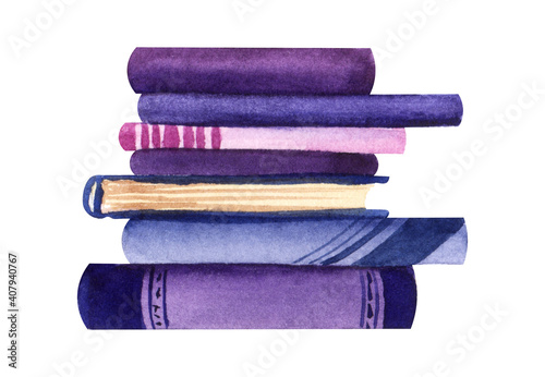 Watercolor image of books stacked on top of each other. Pile of colorful books isolated on white background. Book spines of blue, pink and purple colors. Decorative element for scrapbooking