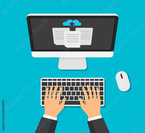 Cloud storage concept. Businessman uploads files to cloud storage on laptop. Download process. Vector illustration. Top view.
