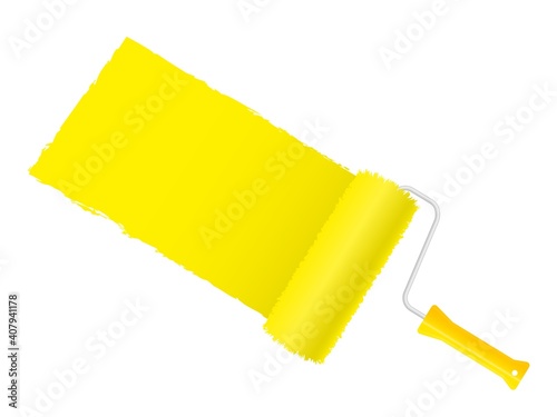 Paint roller color in yellow white background template. Banner round paint brush draws wide strip repainting wall in creative dye decorative renovation with vector advertising.