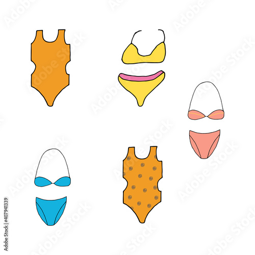 Doodle Women swimsuit set. hand drawn drawing of a swimsuit isolated on a white background. Summer clothing for swimming Vector illustration
