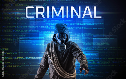 Fototapeta Naklejka Na Ścianę i Meble -  Faceless hacker with CRIMINAL inscription on a binary code background