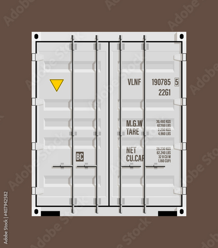 Flat side door view shipping cargo 20 foot container delivery. Large metal 20 ft containers for transportation. Delivery of cargo shipping. Vector illustration