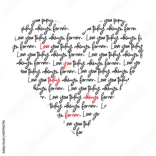  Valentine's Day, Mom-day, wedding. Heart shaped template with the text love you inside. Vector illustration on isolated background. Valentine's decor