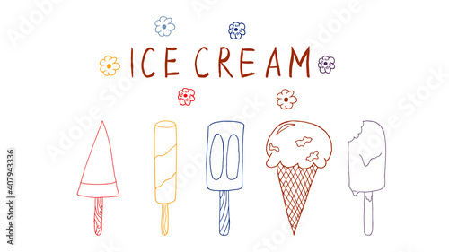 Hand drawn Ice cream food isolated on white background. Ice cream set Vector illustration in doodle style. Freehand drawing