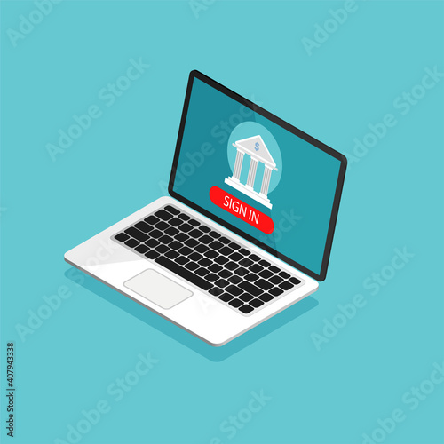 Online banking concept. Money transaction, business and mobile payment. Open laptop with bank icon on a screen. Vector illustration in isometric trendy style.	
