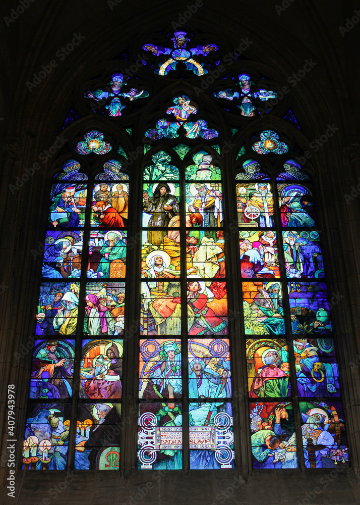 The jugend glass window of Alphonse Mucha in the St. Vitus Cathedral.