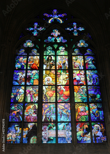 The jugend glass window of Alphonse Mucha in the St. Vitus Cathedral.