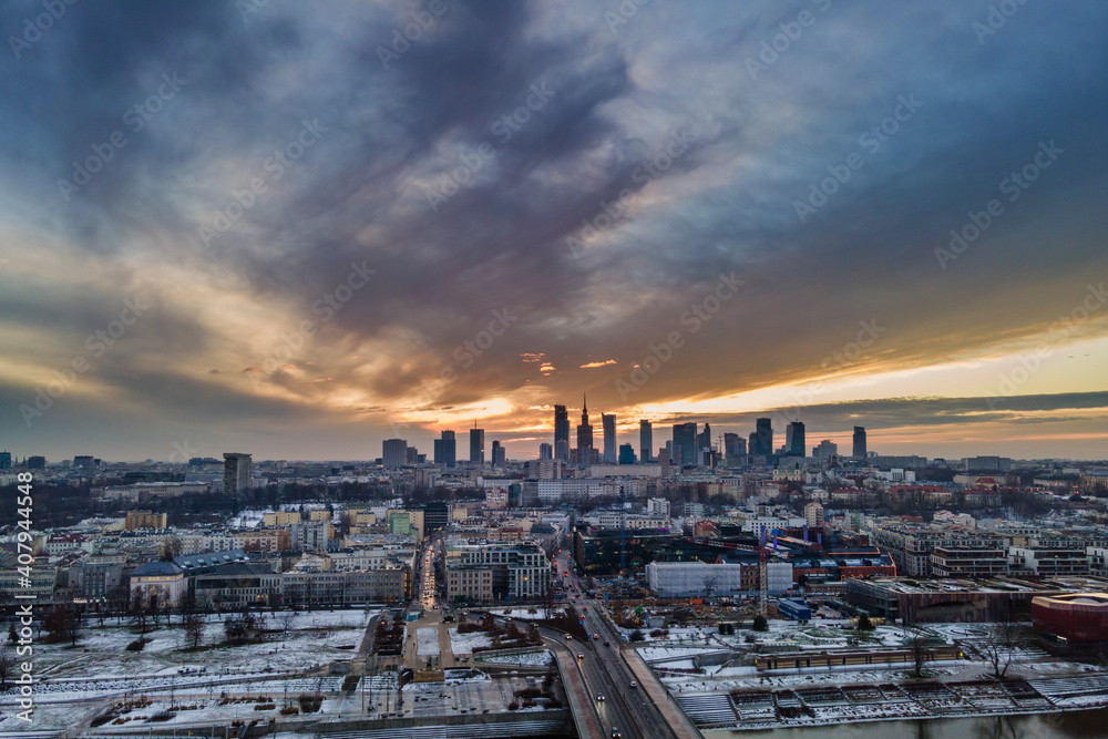 Aerial view of Warsaw city during winter time