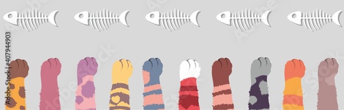 Different cat's legs stretch to the fish skeletons. Cheerful vector drawing of multi-colored cats in a row. Isolated on gray background kittens reach for food