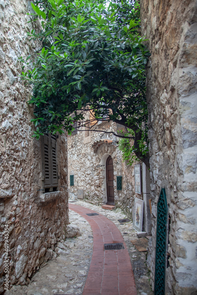 Eze, France  Old buildings and narrow streets in the picturesque medieval city of Eze Village in the South of France along the Mediterranean Sea