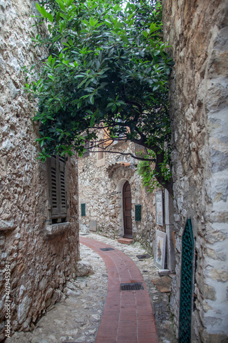 Eze  France  Old buildings and narrow streets in the picturesque medieval city of Eze Village in the South of France along the Mediterranean Sea