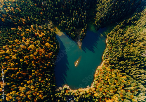 Top view. Autumn forest with a mountain lake. Island.