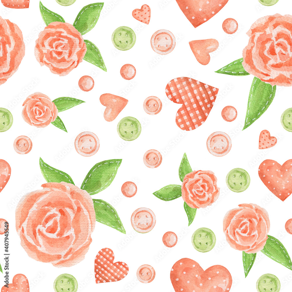 Watercolor seamless pattern with romantic hearts and delicate flowers. Drawn roses, hydrangeas, delicate and pink hearts. Texture for scrapbooking, wrapping paper, invitations. Watercolor seamless pattern with romantic hearts and delicate flowers. Drawn roses, hydrangeas, delicate and pink hearts. Texture for scrapbooking, wrapping paper, invitations.