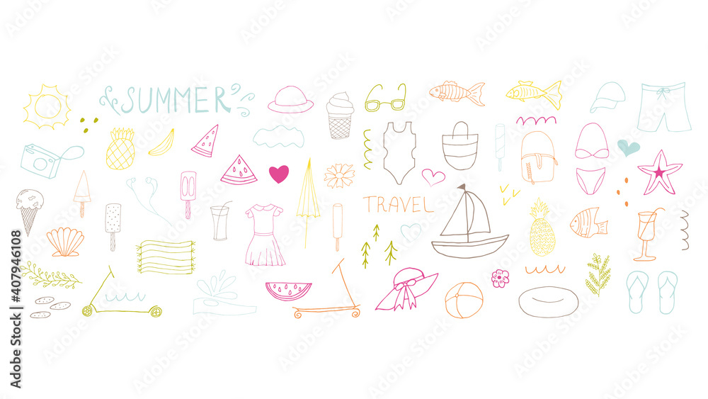 Fototapeta premium Summer set. Doodle beach elements. Set of summer hand drawn icons on white background. Vector illustration with random elements. Design for prints and cards.