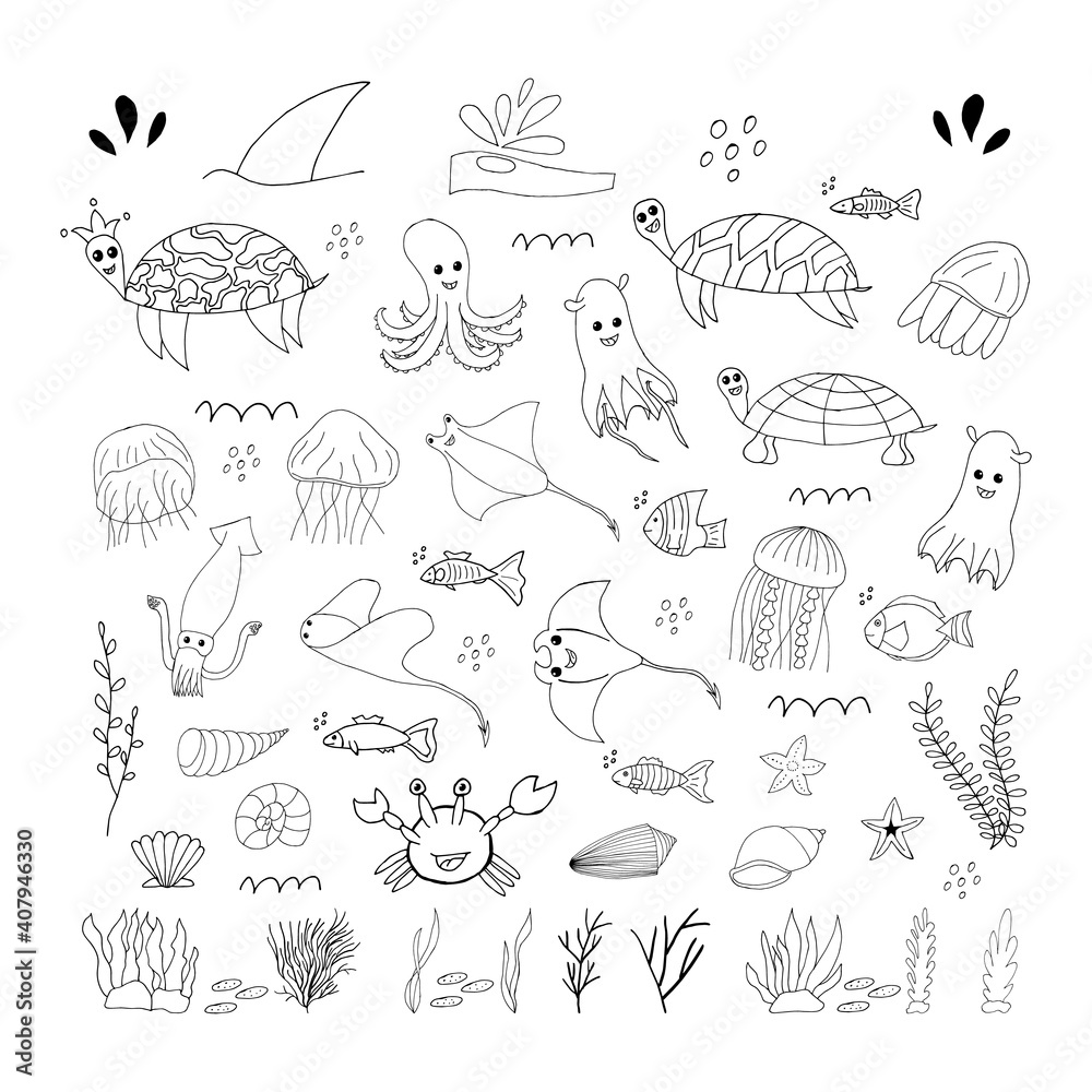 Obraz premium Doodle marine elements. Set of marine hand drawn icons on white background. Vector illustration with random elements. Design for prints and cards.