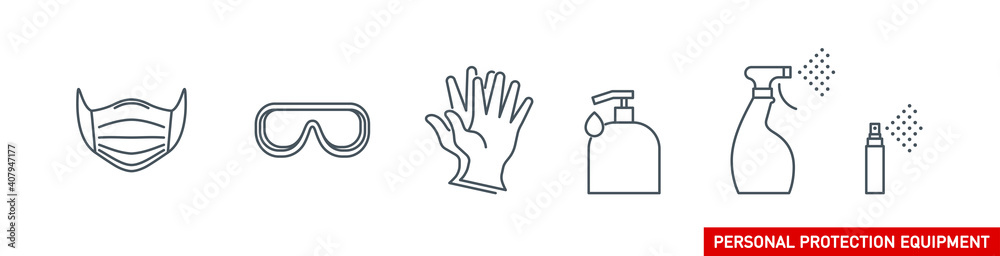 Personal protection equipment icons set - medical mask, latex gloves, soap, dispenser, protective glasses. Coronavirus covid 19 prevention outline symbols. Mask icon illustration with editable stroke Personal protection equipment icons set - medical mask, latex gloves, soap, dispenser, protective glasses. Coronavirus covid 19 prevention outline symbols. Mask icon illustration with editable stroke