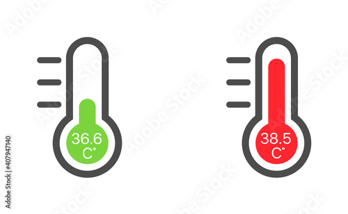Thermometer icon with green and red indicators in flat style. Medical thermometers measuring the body temperature in normal and high degrees. Coronavirus pandemic prevention.
