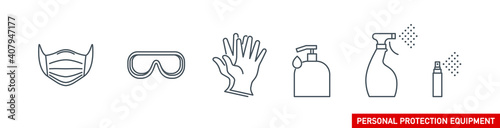 Personal protection equipment icons set - medical mask, latex gloves, soap, dispenser, protective glasses. Coronavirus covid 19 prevention outline symbols. Mask icon illustration with editable stroke