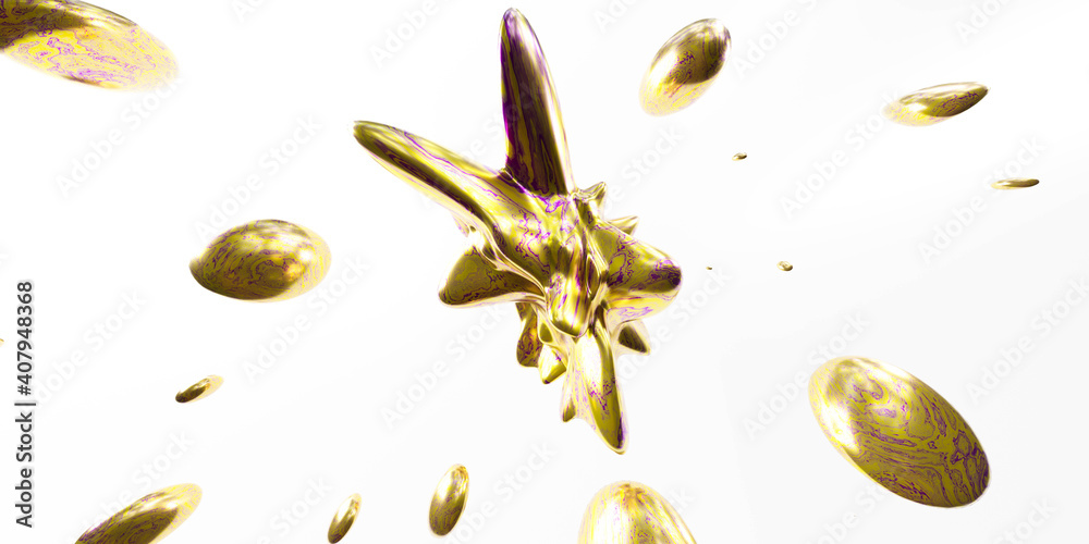 Flying organic colourful yellow shape objects with metallic surface 3d render illustration Flying organic colourful yellow shape objects with metallic surface 3d render illustration