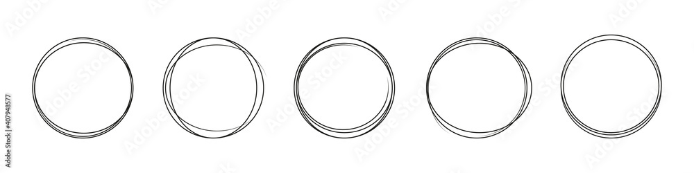 Set of vector illustration of hand drawing circle line sketch. Doodle round circles, graffiti. Bubble or ball, pen, pencil. Element for message note mark. Vector illustration. Set of vector illustration of hand drawing circle line sketch. Doodle round circles, graffiti. Bubble or ball, pen, pencil. Element for message note mark. Vector illustration.