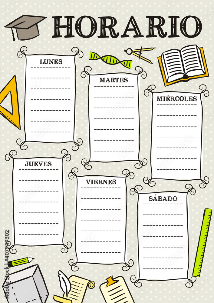 Spanish vintage template of a school schedule for 6 days of the week ...