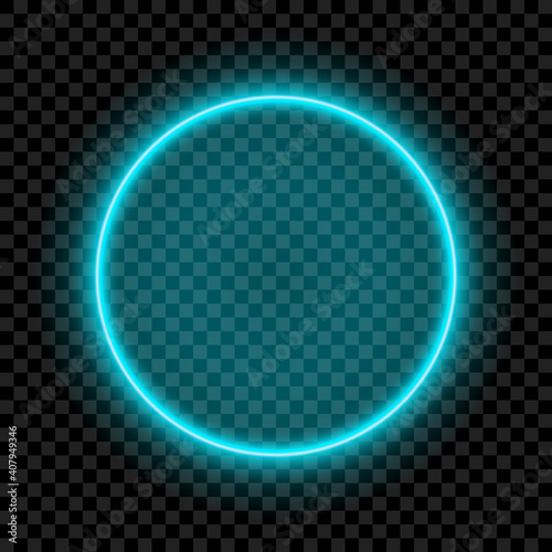 Neon round lamp wall sign isolated on transparent background. Vector neon shape. Glow frame border. Light blue lamp. 3D luminous shine. Stock vector illustration.