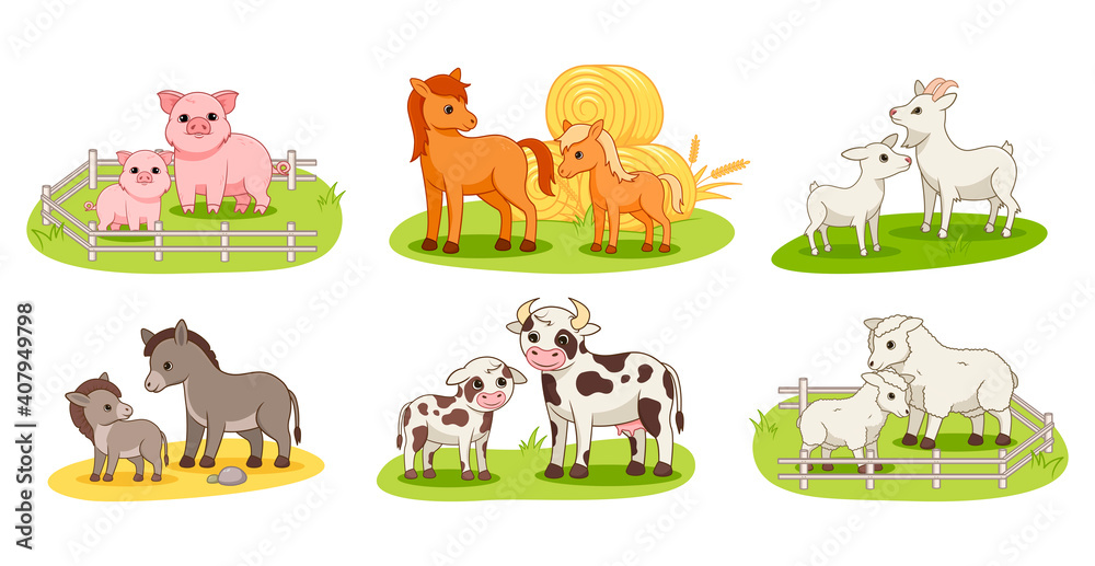 Set with domestic animals and their babies Set with domestic animals and their babies