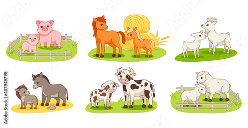 Set with domestic animals and their babies