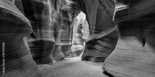 panoramic Antelope Canyon lights and rocks arizona usa - black and white