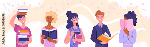 Diverse multiracial men and women holding books