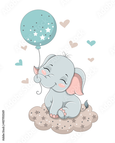 Cute baby elephant sitting on the cloud